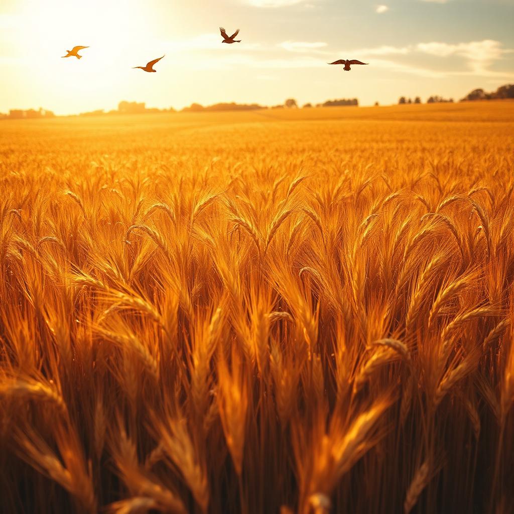 Golden harvest field in September light with birds overhead