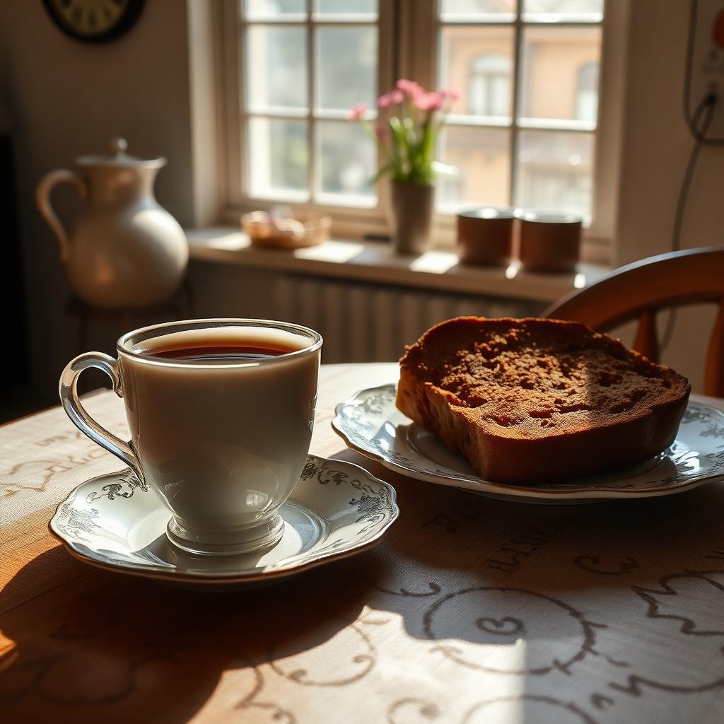 Tea and cinnamon toast on a sunlit table
